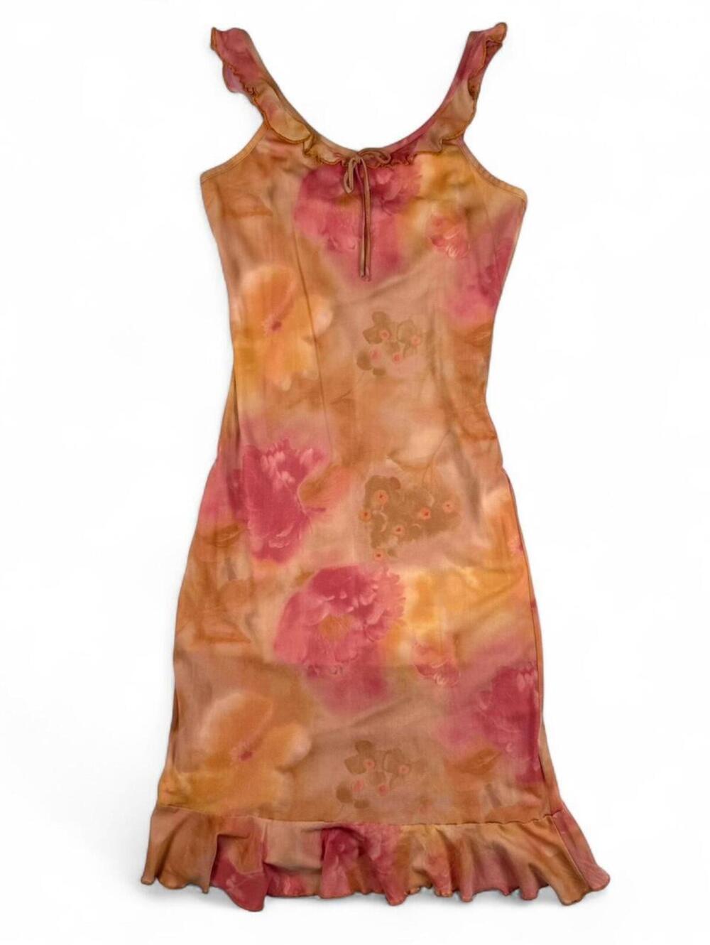 Orange and pink floral dress with ruffle hem